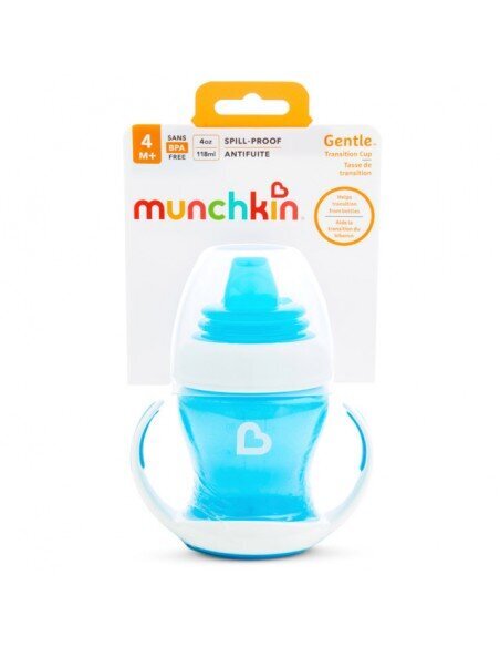 Mokomoji gertuvė su rankenomis ir minkštu snapeliu, Munchkin Gentle Transition, mėlyna, 4mėn+, 118 ml, 012549WWW цена и информация | Kūdikių indai, indeliai pienui ir įrankiai | pigu.lt