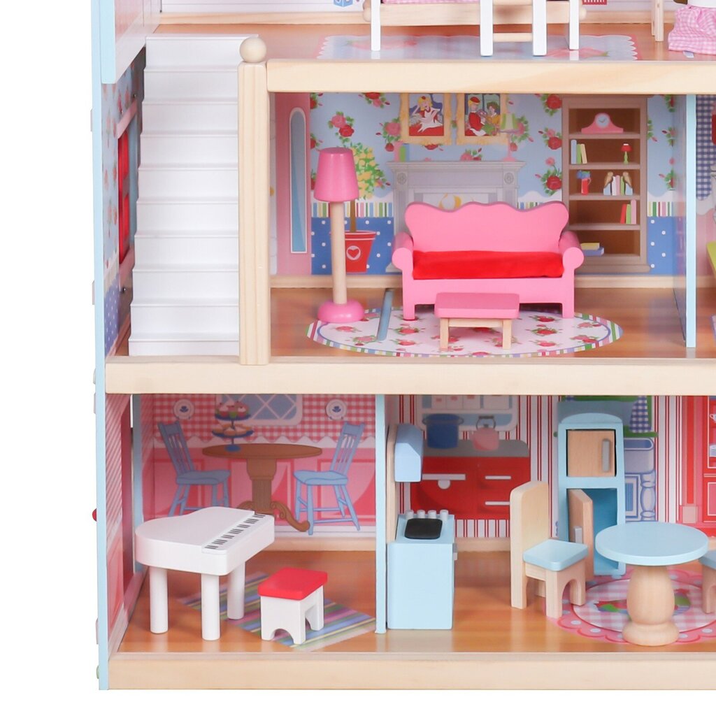Medinis lėlių namelis su baldais, LED apšvietimu, ‎60,5 x 32,5 x 71 cm kaina ir informacija | Žaislai mergaitėms | pigu.lt