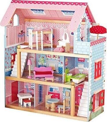 Medinis lėlių namelis su baldais, LED apšvietimu, ‎60,5 x 32,5 x 71 cm kaina ir informacija | Žaislai mergaitėms | pigu.lt