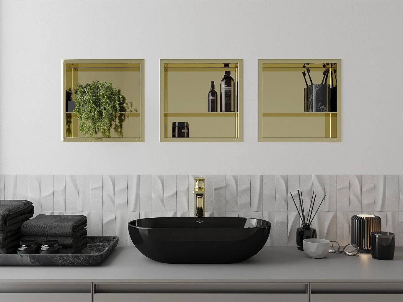 Mexen X-Wall-R įleidžiama sieninė lentyna 2l, 30x30 cm, Gold kaina ir informacija | Vonios kambario aksesuarai | pigu.lt