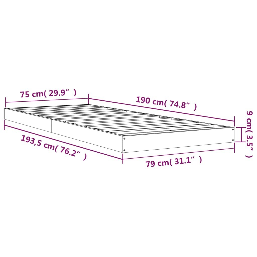 vidaXL Lovos rėmas, baltas, 75x190cm, pušies masyvas, vienvietis kaina ir informacija | Lovos | pigu.lt