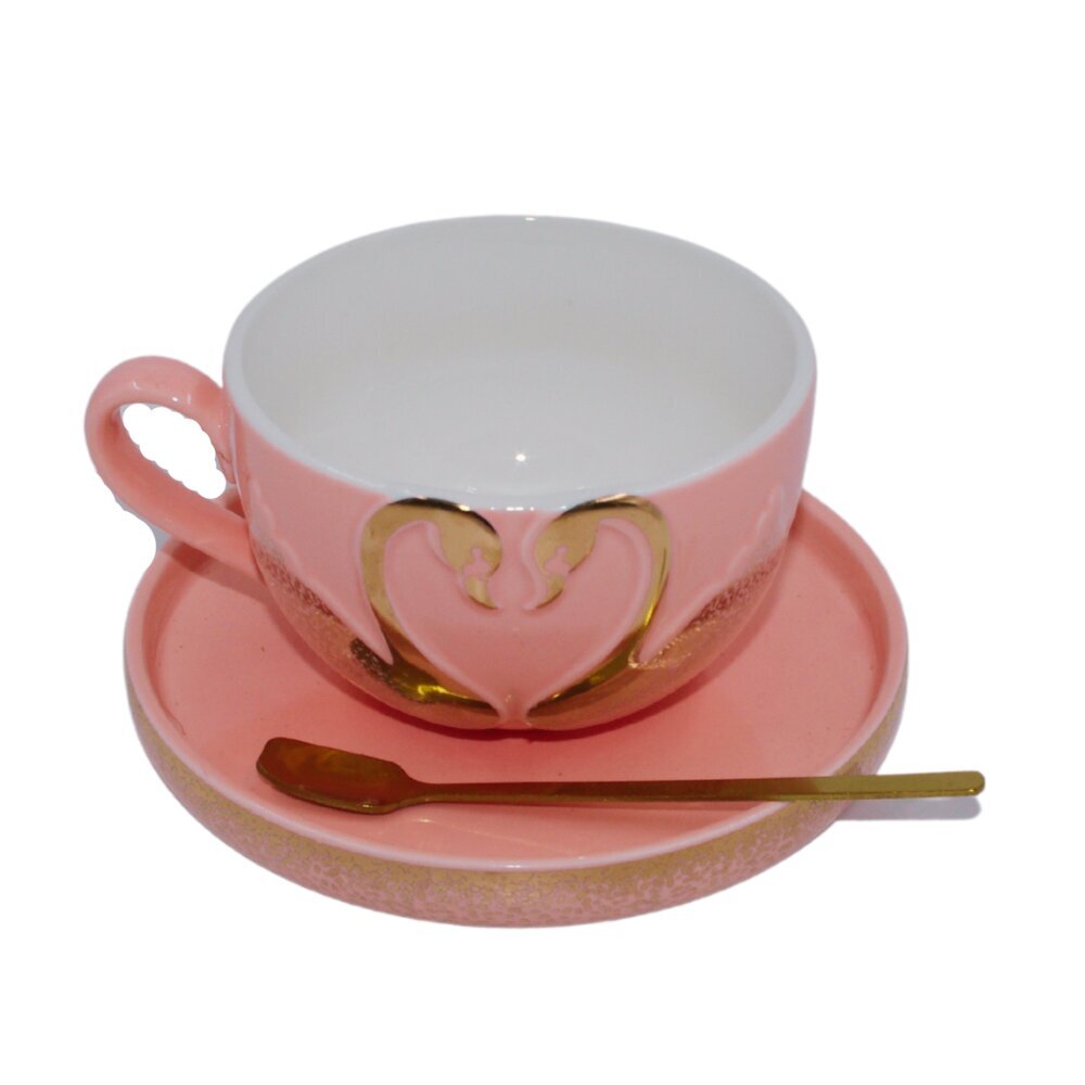 Puodelio ir lėkštutės rinkinys Gulbės, rožinė kaina ir informacija | Originalūs puodeliai | pigu.lt