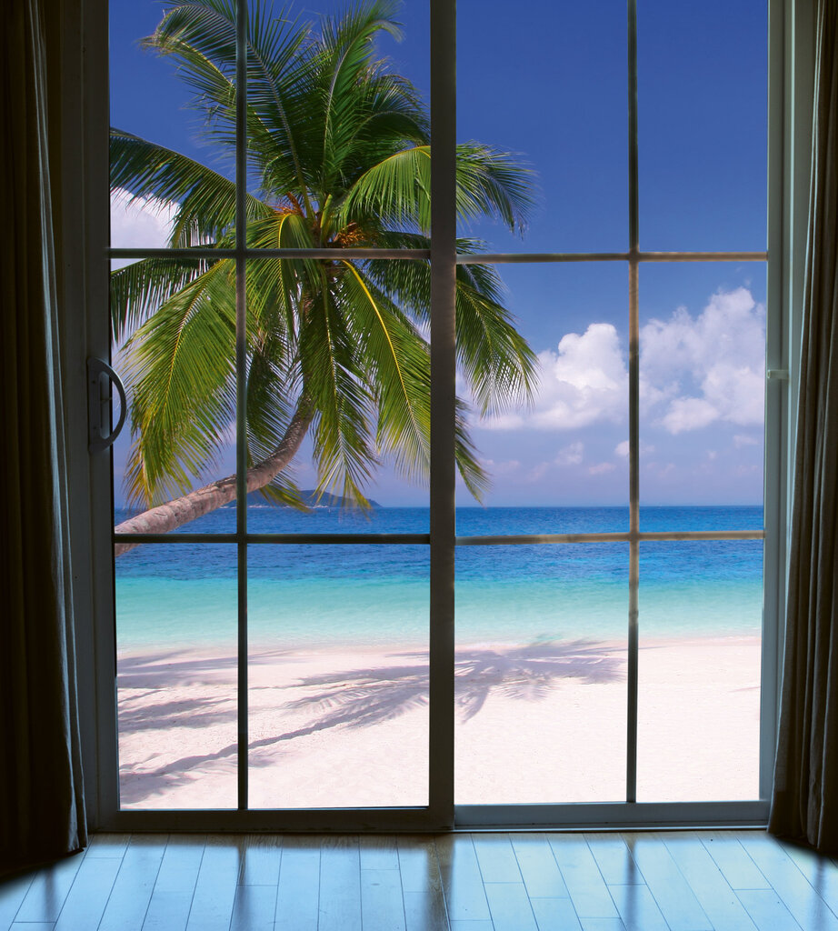 Fototapetai - Vaizdas į paplūdimį nuo lango, 225x250 cm kaina ir informacija | Fototapetai | pigu.lt