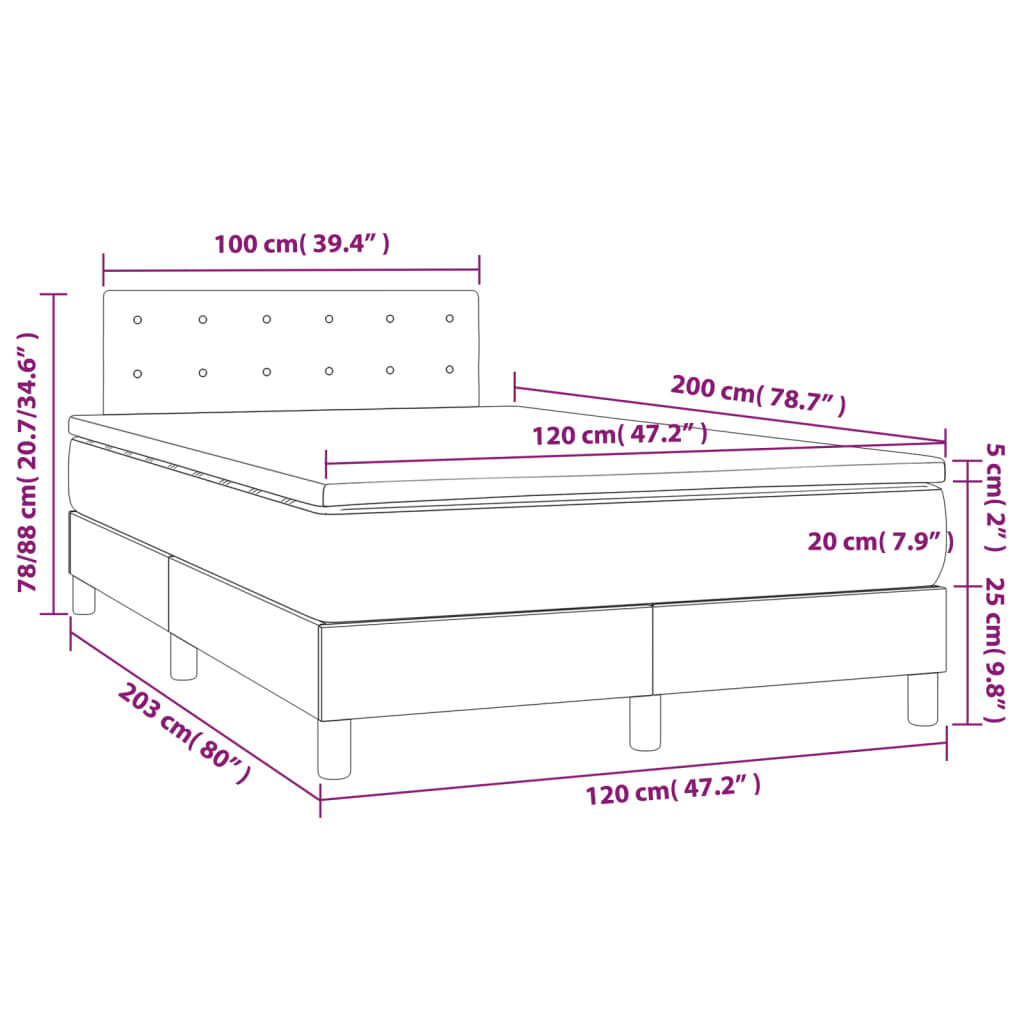 vidaXL Lova su spyruoklėmis/čiužiniu/LED, pilka, 120x200cm, audinys kaina ir informacija | Lovos | pigu.lt