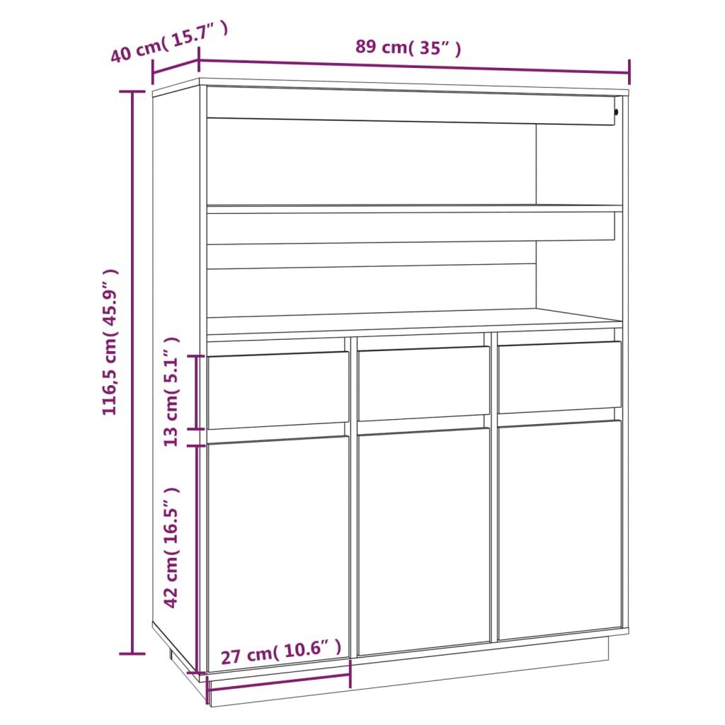 Komoda, Pušies medienos masyvas, 89x40x116,5cm, pilka kaina ir informacija | Komodos | pigu.lt