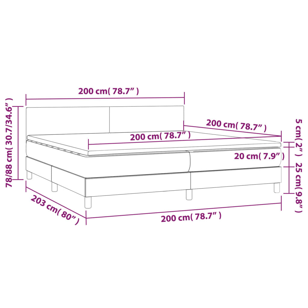 vidaXL Lova su spyruoklėmis/čiužiniu/LED, pilka, 200x200 cm, audinys цена и информация | Lovos | pigu.lt