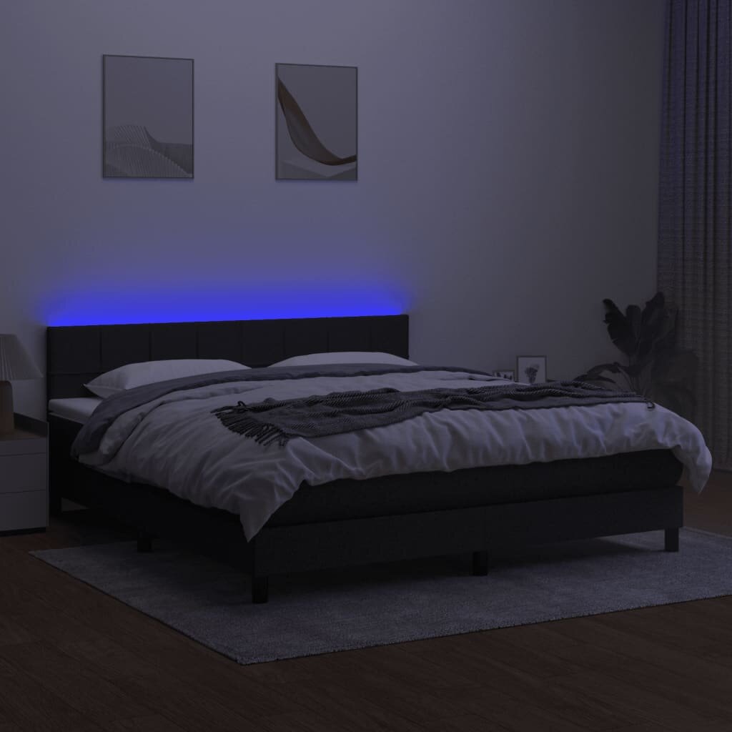 vidaXL Lova su spyruoklėmis/čiužiniu/LED, juoda, 180x200 cm, audinys kaina ir informacija | Lovos | pigu.lt