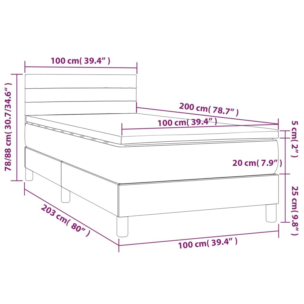 vidaXL Lova su spyruoklėmis/čiužiniu/LED, pilka, 100x200 cm, audinys цена и информация | Lovos | pigu.lt