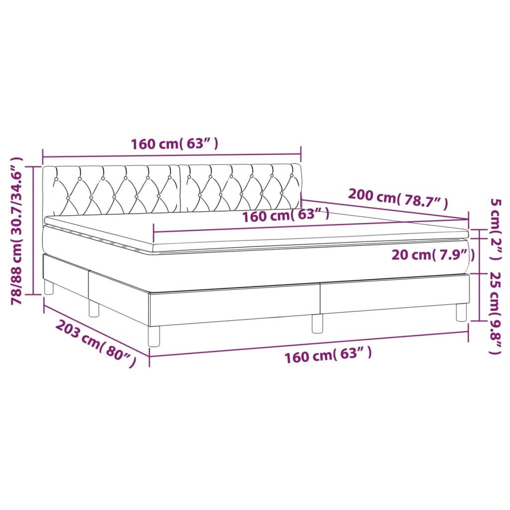 Lova su spyruoklėmis/čiužiniu/LED vidaXL, Audinys, 160x200 cm, pilka kaina ir informacija | Lovos | pigu.lt