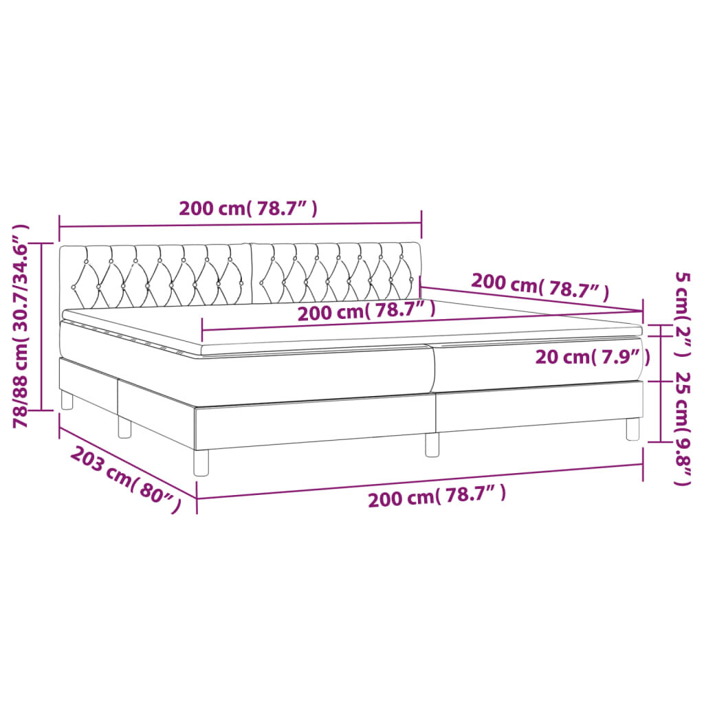 vidaXL Lova su spyruoklėmis/čiužiniu/LED, pilka, 200x200 cm, audinys kaina ir informacija | Lovos | pigu.lt