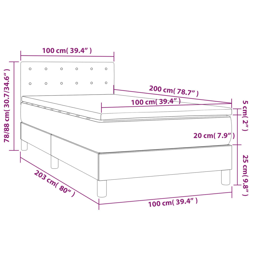 vidaXL Lova su spyruoklėmis/čiužiniu/LED, kreminė, 100x200 cm, audinys цена и информация | Lovos | pigu.lt