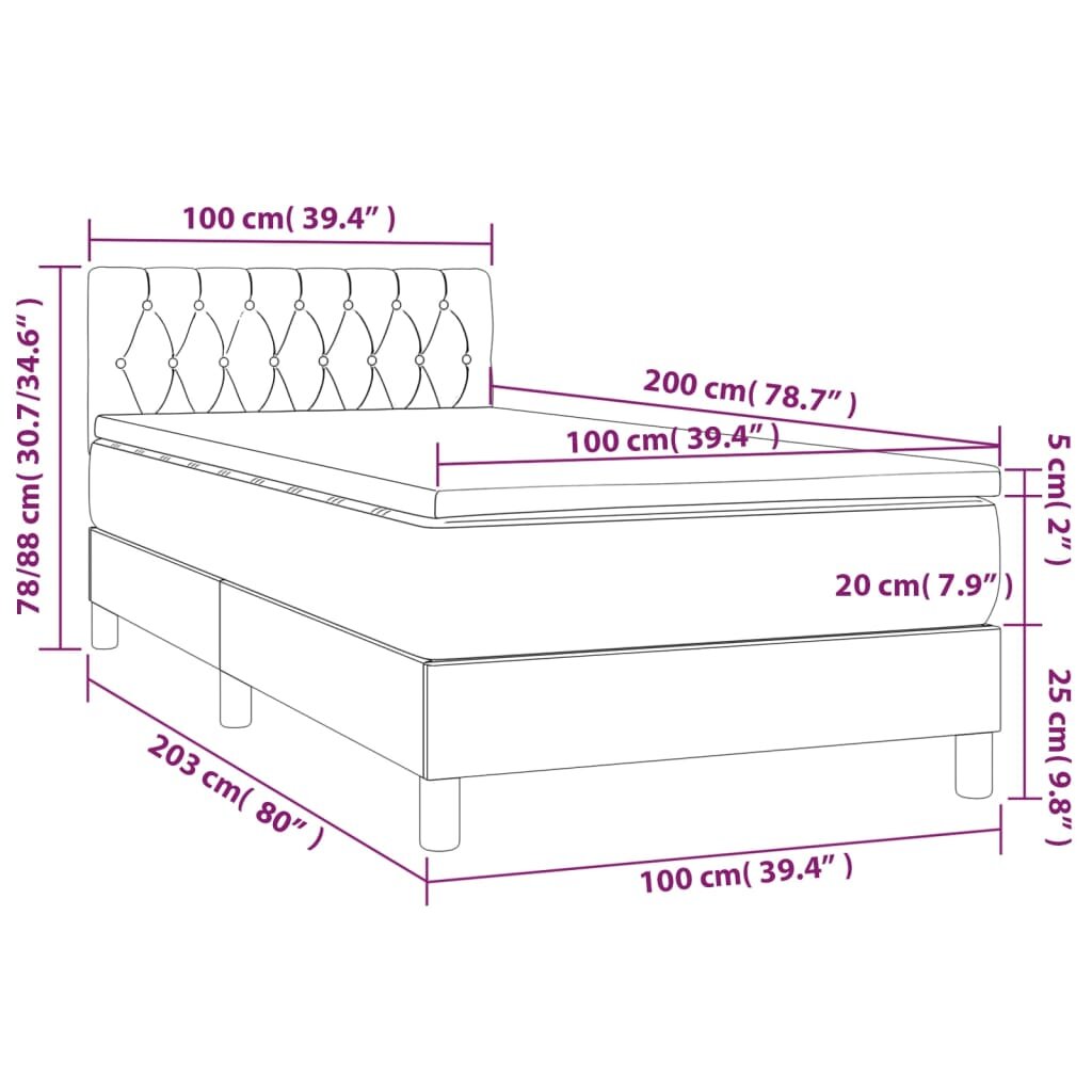 vidaXL Lova su spyruoklėmis/čiužiniu/LED, ruda, 100x200 cm, audinys kaina ir informacija | Lovos | pigu.lt