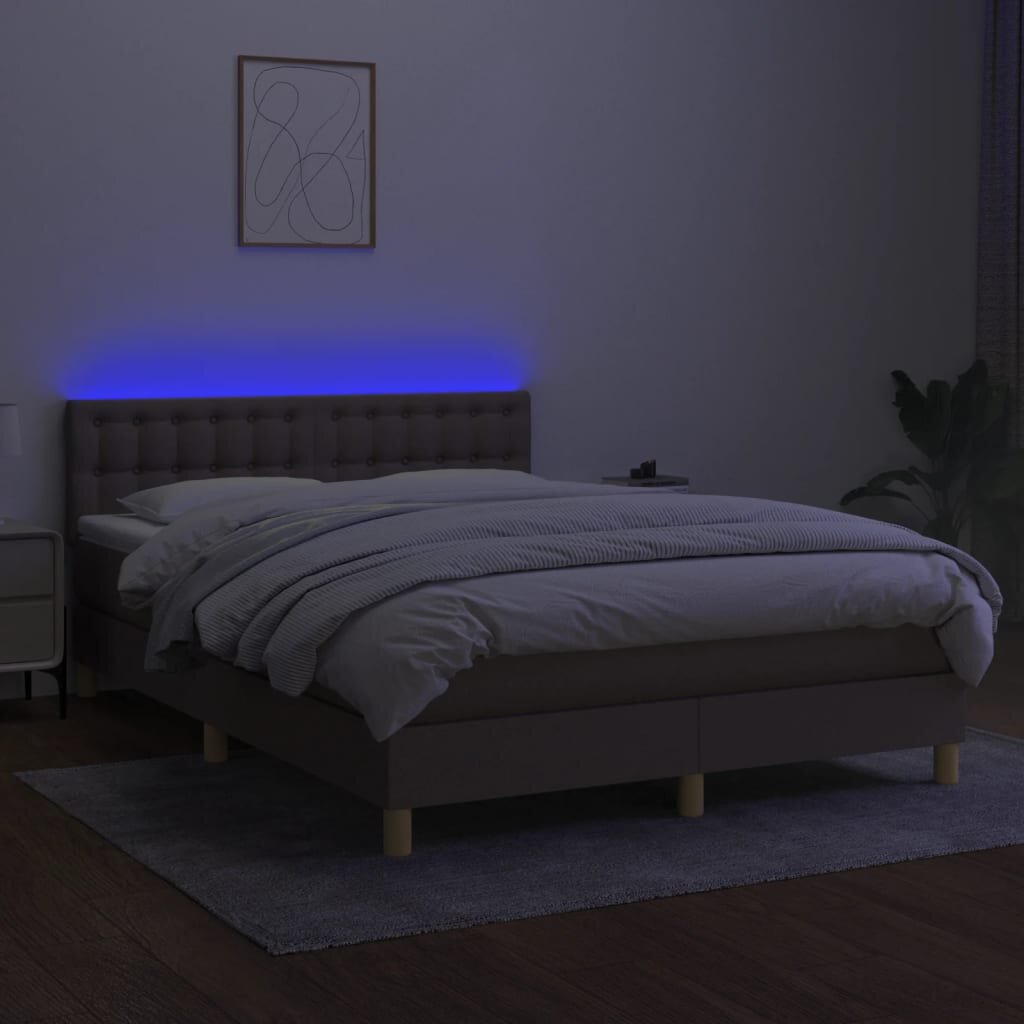 Lova su spyruoklėmis/čiužiniu/LED, taupe, 140x190 cm kaina ir informacija | Lovos | pigu.lt