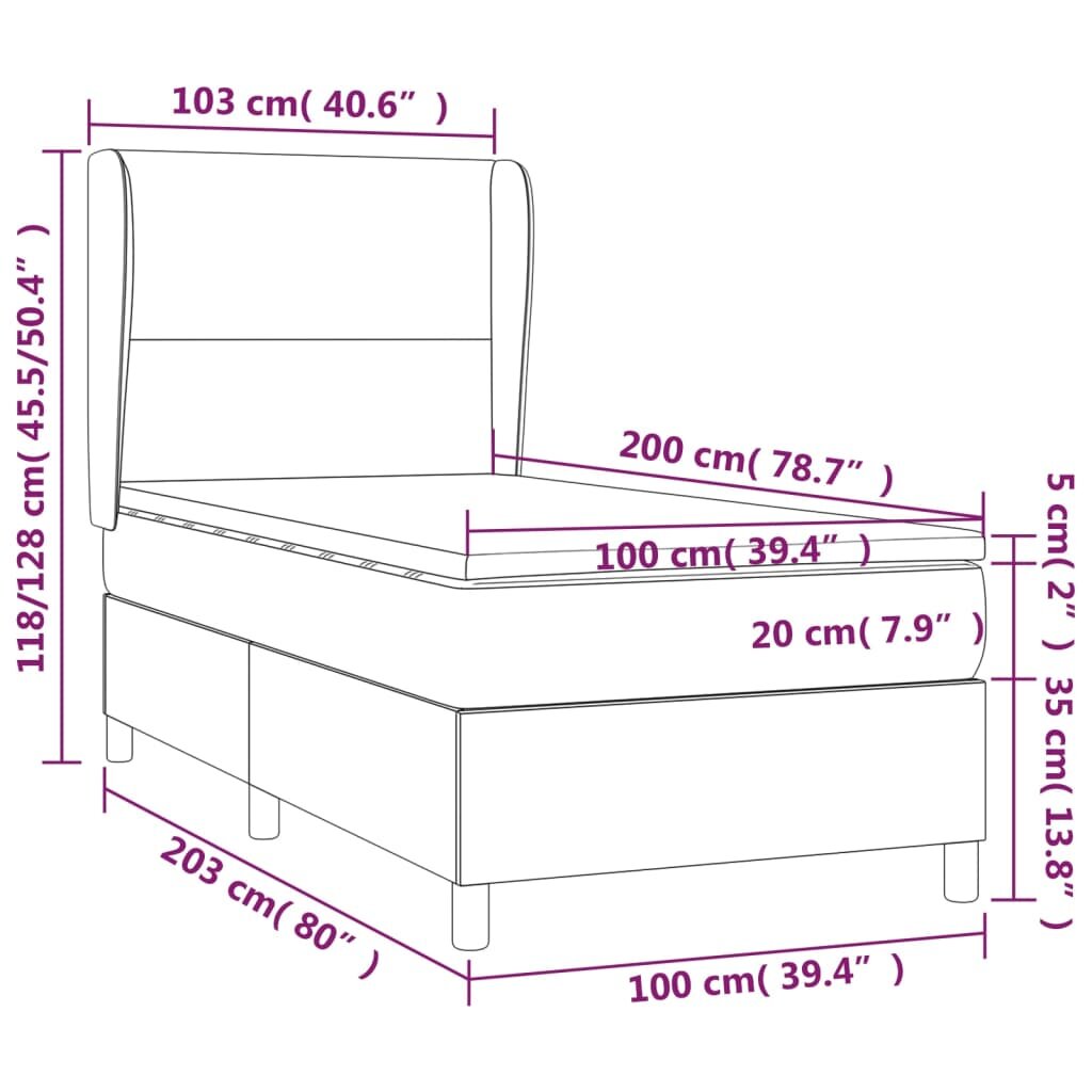 vidaXL Lova su spyruoklėmis/čiužiniu/LED, pilka, 100x200 cm, audinys цена и информация | Lovos | pigu.lt