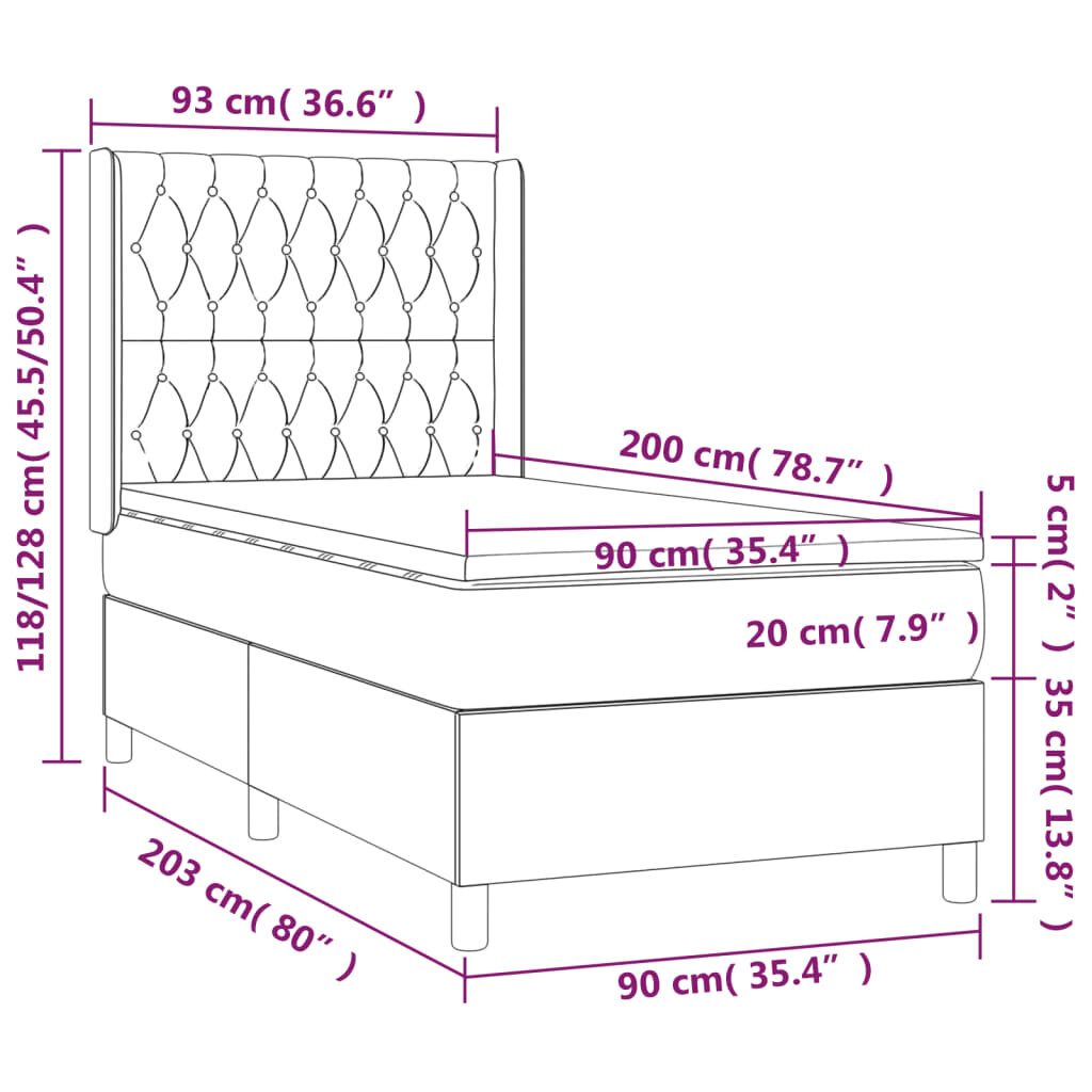 vidaXL Lova su spyruoklėmis/čiužiniu/LED, pilka, 90x200 cm, audinys kaina ir informacija | Lovos | pigu.lt