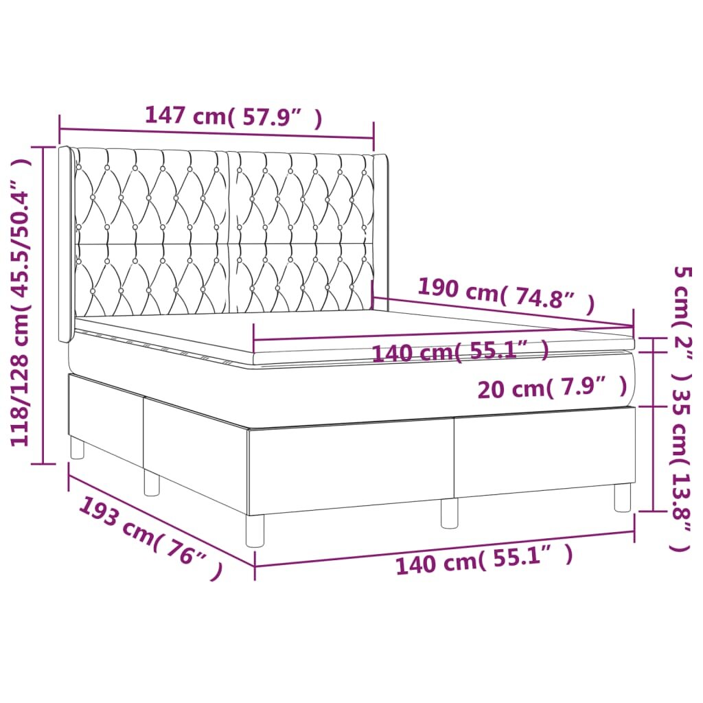 vidaXL Lova su spyruoklėmis/čiužiniu/LED, pilka, 140x190 cm, audinys kaina ir informacija | Lovos | pigu.lt