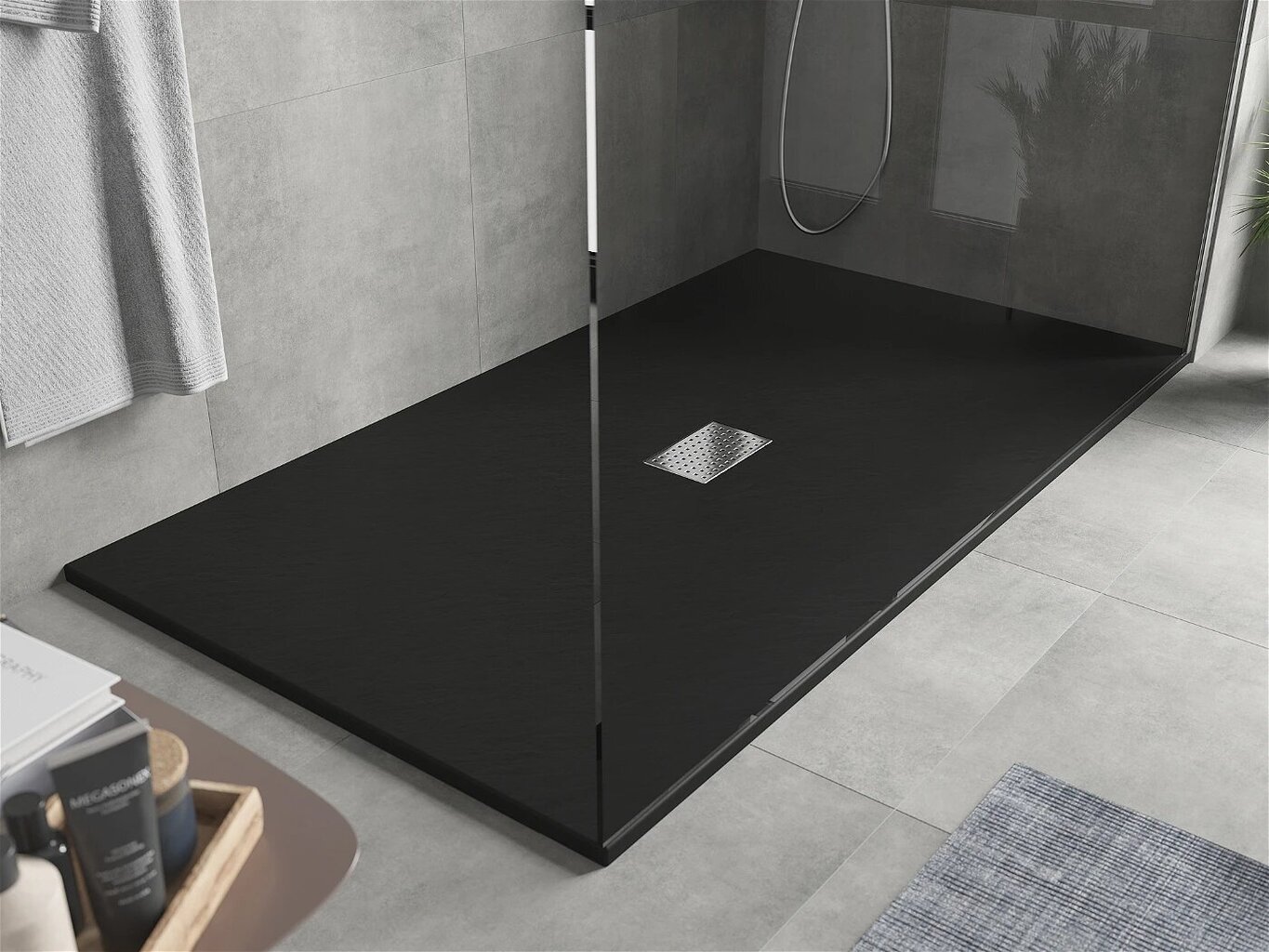 Stačiakampis dušo padėklas Mexen Hugo SMC su sifonu, Black+Inox, 110,120,130,140,150,160,170,180,200 x 100 cm kaina ir informacija | Dušo padėklai | pigu.lt