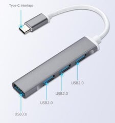 Адаптер USB-C с четырьмя разъемами USB 3.0, серый и белый цена и информация | Адаптеры, USB-разветвители | pigu.lt