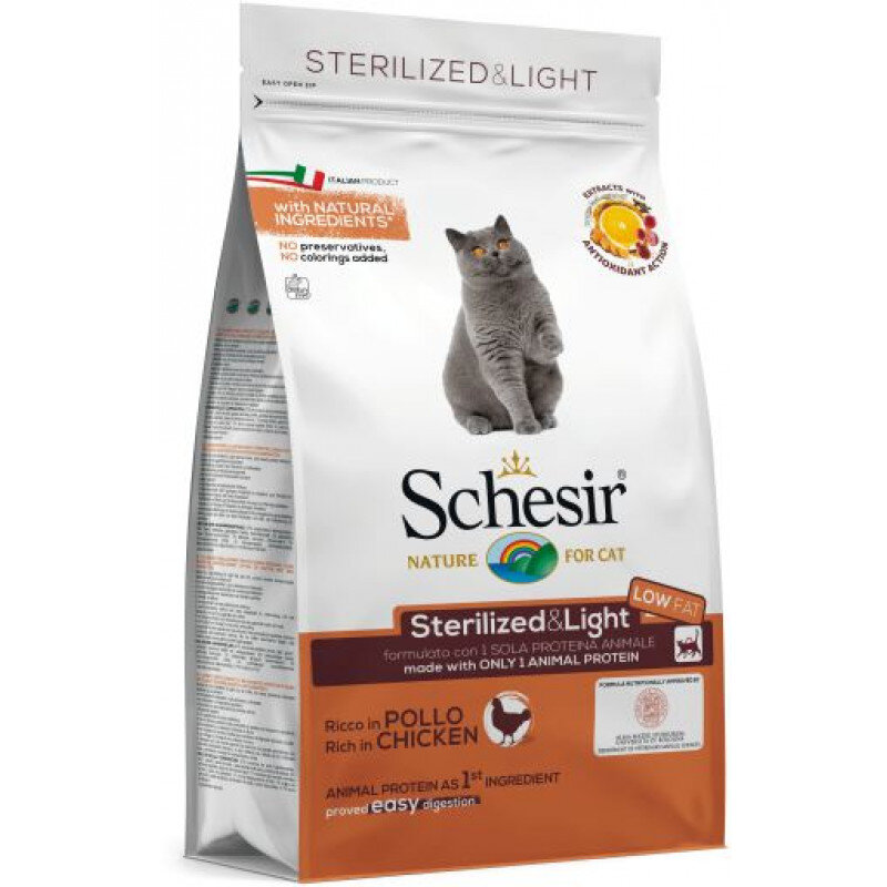 Schesir Sterilized & Light Chicken, 10kg - sausas ėdalas su vištiena sterilizuotoms ir antsvorį turinčioms katėms, Z 010004 kaina ir informacija | Sausas maistas katėms | pigu.lt