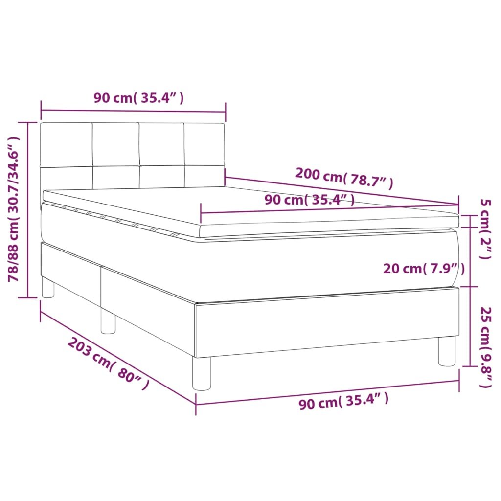 vidaXL Lova su spyruoklėmis/čiužiniu/LED, pilka, 90x200 cm, audinys kaina ir informacija | Lovos | pigu.lt