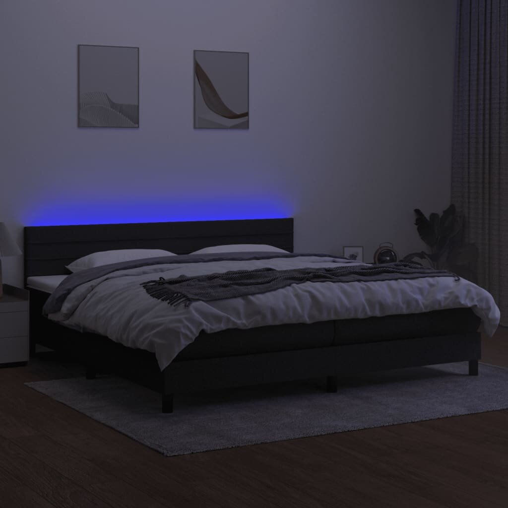 vidaXL Lova su spyruoklėmis/čiužiniu/LED, juoda, 200x200 cm, audinys kaina ir informacija | Lovos | pigu.lt