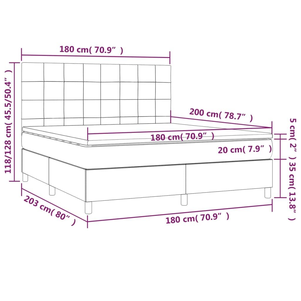 vidaXL Lova su spyruoklėmis/čiužiniu/LED, pilka, 180x200 cm, audinys kaina ir informacija | Lovos | pigu.lt