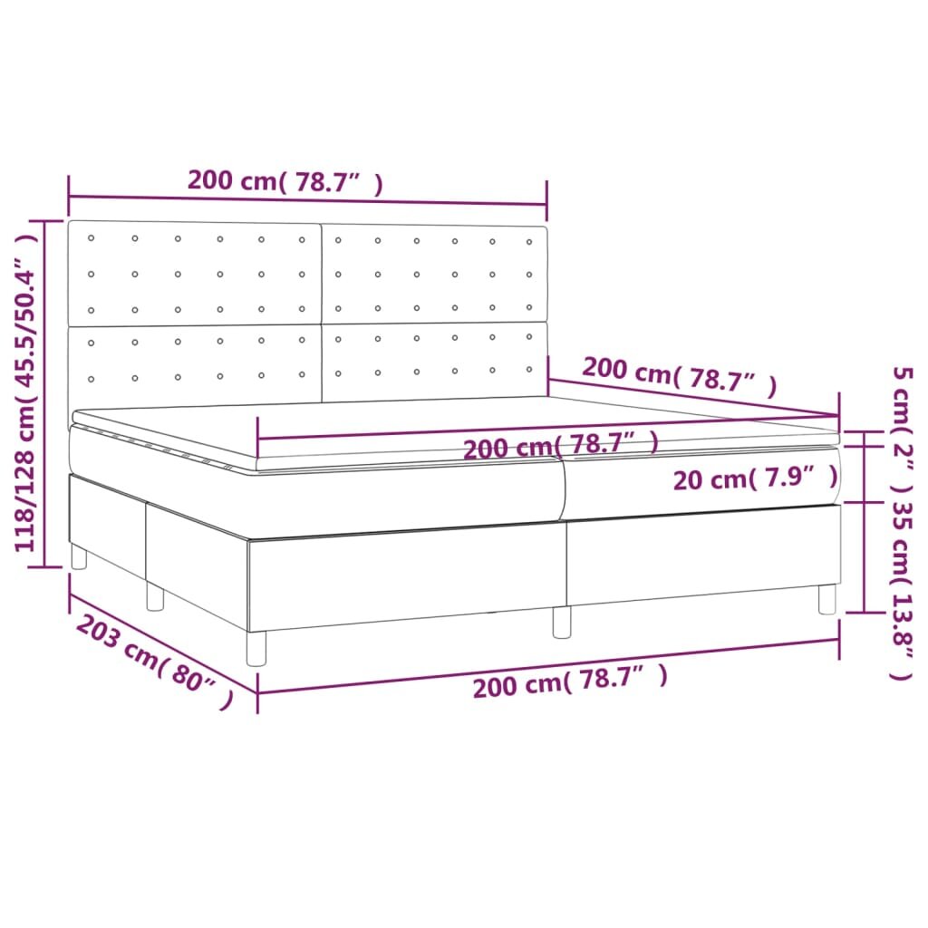 vidaXL Lova su spyruoklėmis/čiužiniu/LED, pilka, 200x200 cm, audinys kaina ir informacija | Lovos | pigu.lt