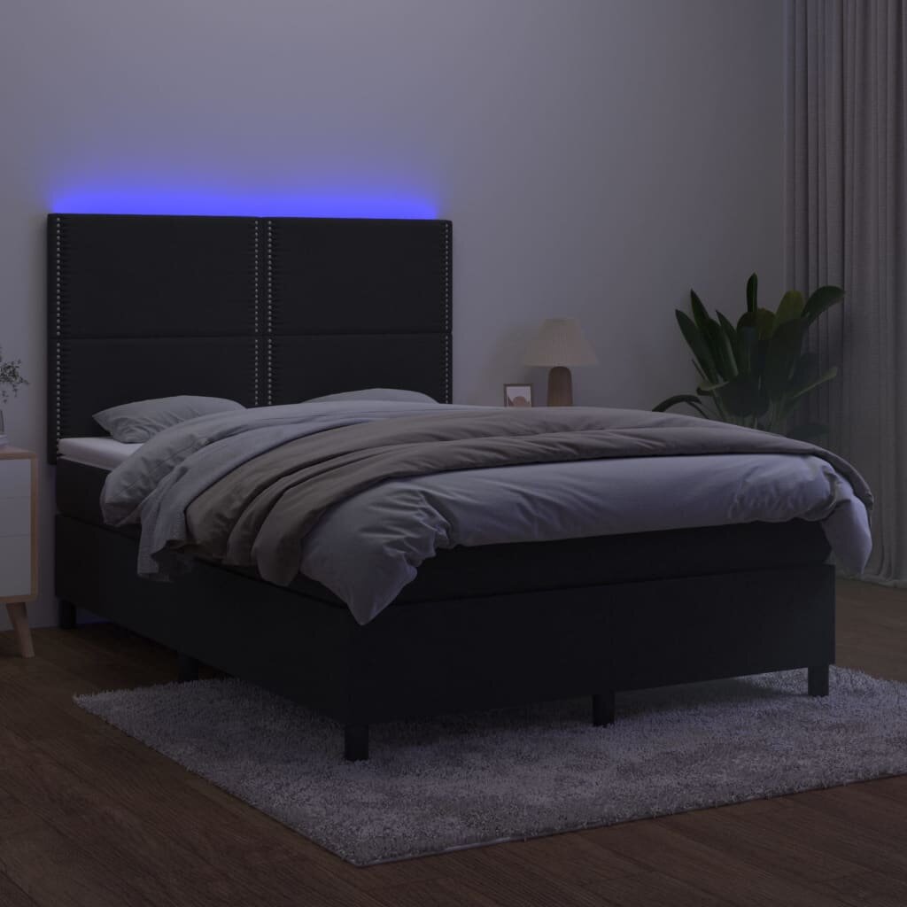 vidaXL Lova su spyruoklėmis/čiužiniu/LED, juoda, 140x190cm, aksomas kaina ir informacija | Lovos | pigu.lt