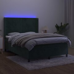 vidaXL Lova su spyruoklėmis/čiužiniu/LED, žalia, 140x190cm, aksomas kaina ir informacija | Lovos | pigu.lt