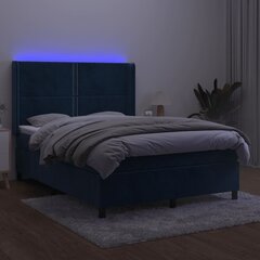 vidaXL Lova su spyruoklėmis/čiužiniu/LED, mėlyna, 140x190cm, aksomas kaina ir informacija | Lovos | pigu.lt