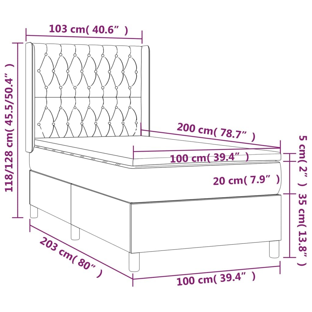 vidaXL Lova su spyruoklėmis/čiužiniu/LED, rožinė, 100x200cm, aksomas kaina ir informacija | Lovos | pigu.lt