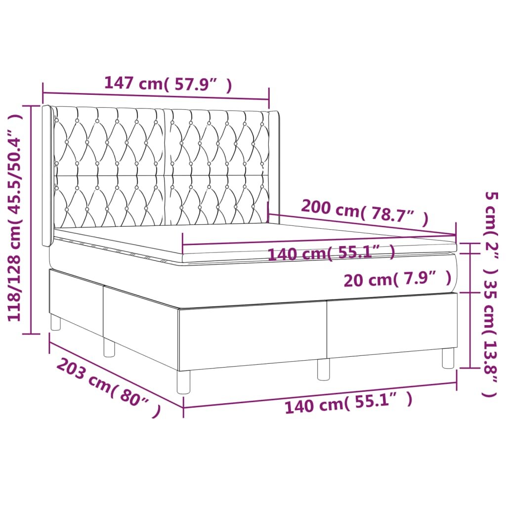 vidaXL Lova su spyruoklėmis/čiužiniu/LED, juoda, 140x200cm, aksomas цена и информация | Lovos | pigu.lt