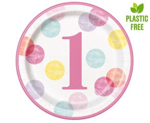 Одноразовые бумажные тарелки 21,9 см, 8 шт, pink dots "First Birthday" 73285EU цена и информация | Праздничная одноразовая посуда | pigu.lt
