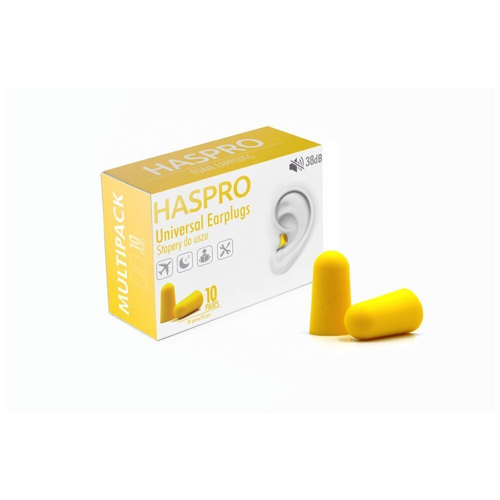 Haspro minkšti ausų kamštukai, 10 porų (38dB), geltona kaina ir informacija | Galvos apsauga | pigu.lt
