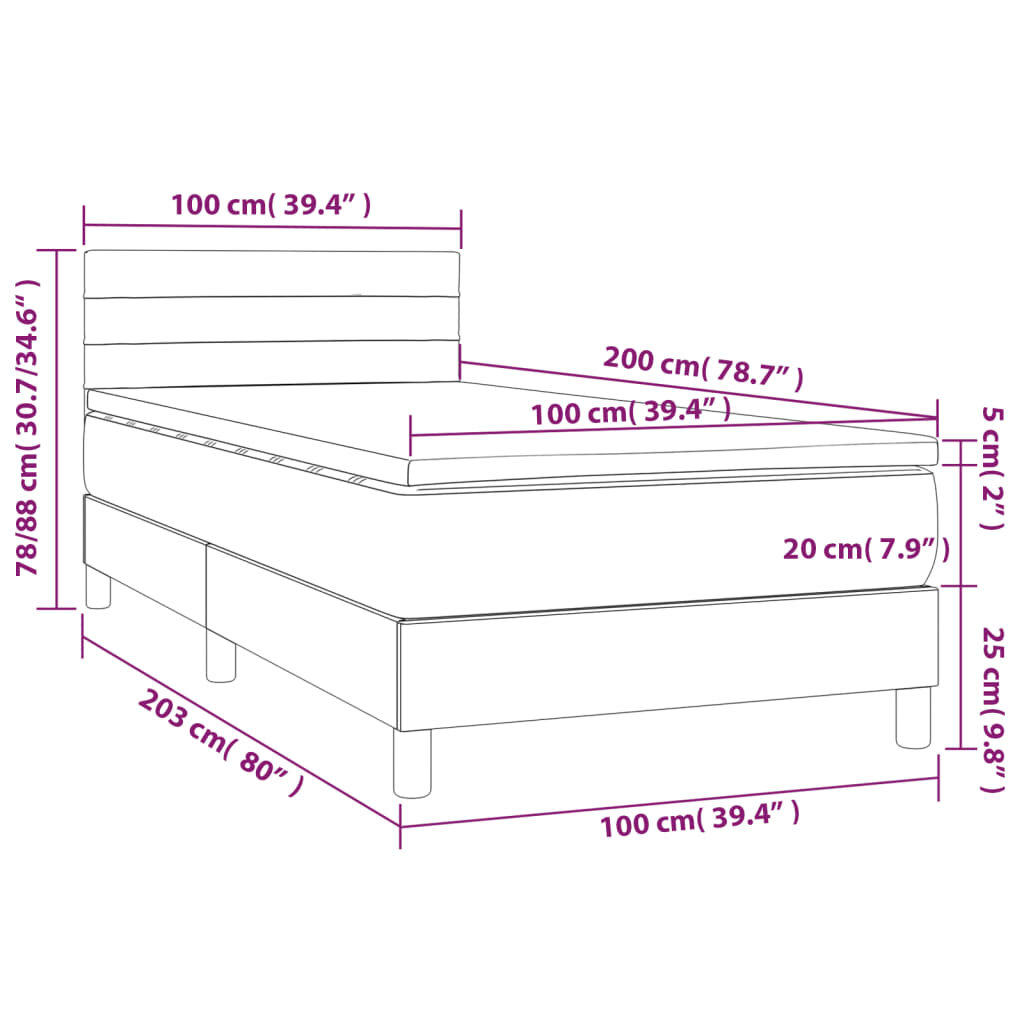 vidaXL Lova su spyruoklėmis/čiužiniu/LED, taupe, 100x200 cm, audinys kaina ir informacija | Lovos | pigu.lt