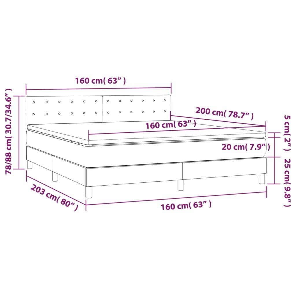 Lova su spyruoklėmis/čiužiniu/LED vidaXL, Audinys, 160x200 cm, pilka kaina ir informacija | Lovos | pigu.lt