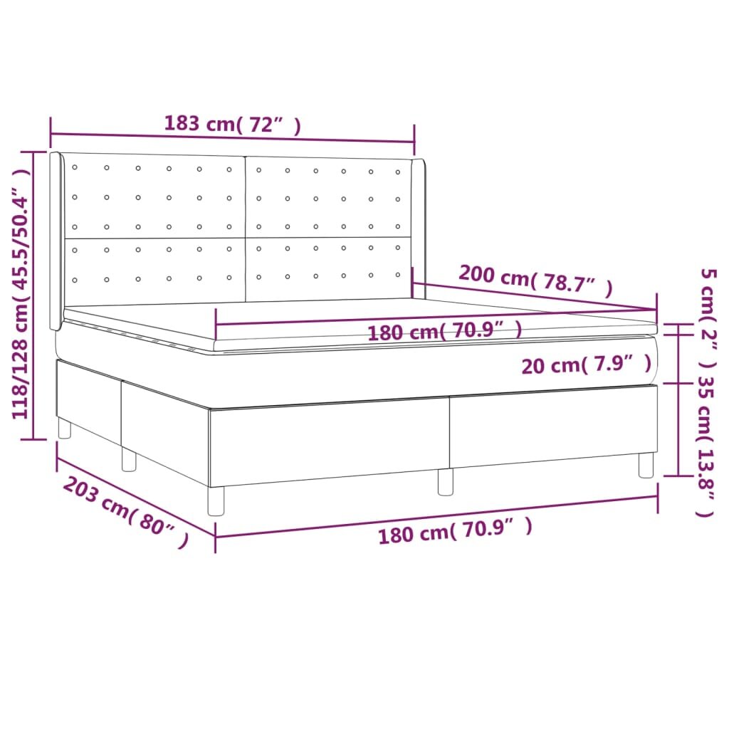 vidaXL Lova su spyruoklėmis/čiužiniu/LED, ruda, 180x200 cm, audinys kaina ir informacija | Lovos | pigu.lt