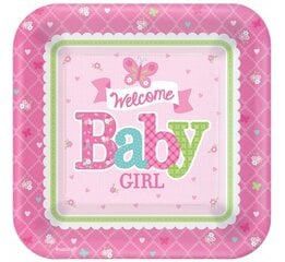 Popierinės lėkštutės Welcome Baby Girl 18cm/8vnt kaina ir informacija | Vienkartiniai indai šventėms | pigu.lt