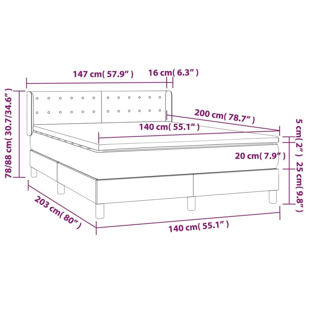 vidaXL Lova su spyruoklėmis/čiužiniu,tamsiai pilka, 140x200cm, audinys цена и информация | Lovos | pigu.lt