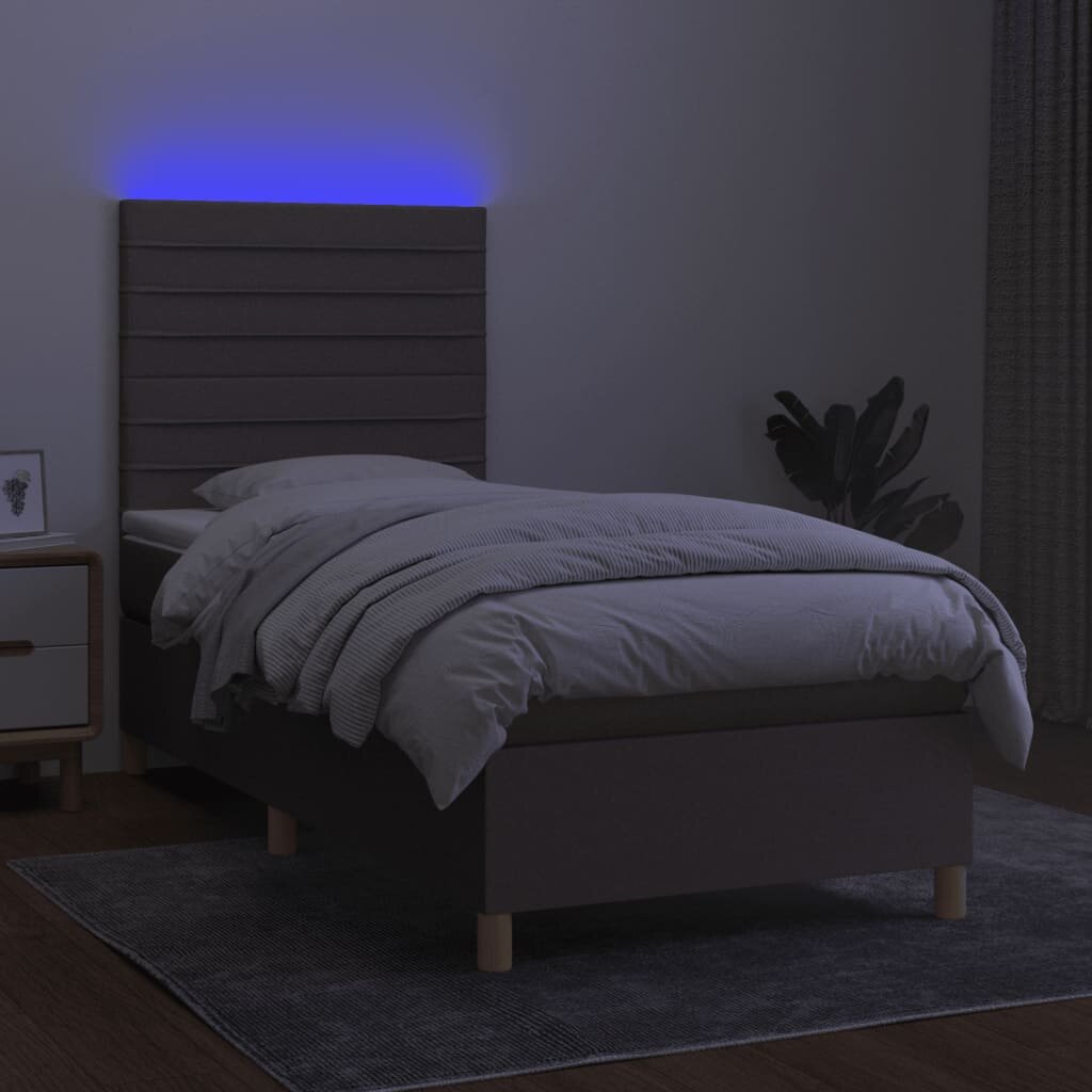 vidaXL Lova su spyruoklėmis/čiužiniu/LED, taupe, 100x200 cm, audinys kaina ir informacija | Lovos | pigu.lt