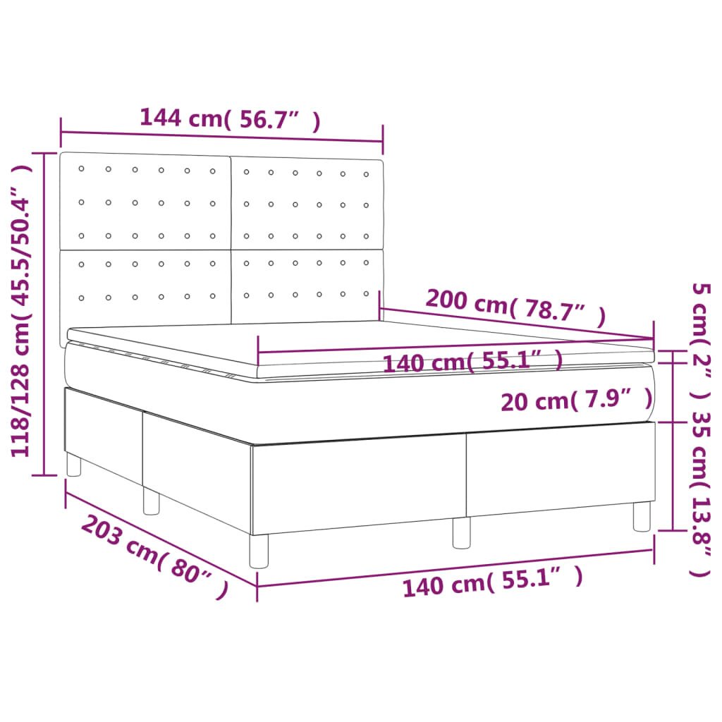 vidaXL Lova su spyruoklėmis/čiužiniu/LED, balta 140x200cm dirbtinė oda kaina ir informacija | Lovos | pigu.lt