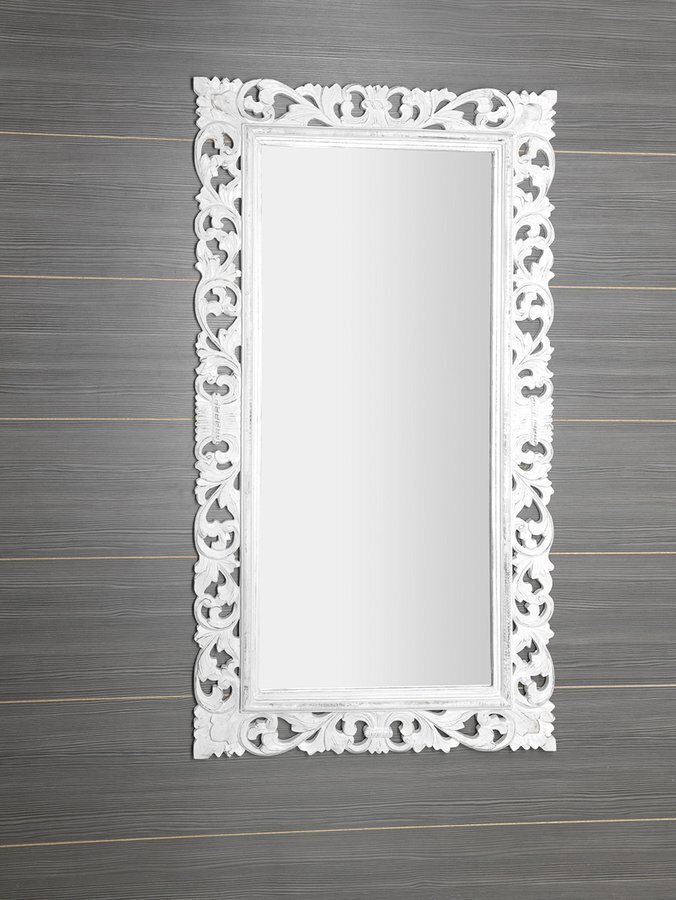 Rankomis raižytas vonios veidrodis mediniais rėmais, 80 x 150 cm, SAMBLUNG, baltas kaina ir informacija | Vonios veidrodžiai | pigu.lt