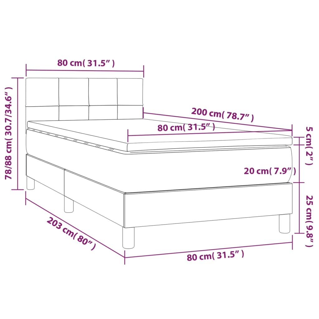 vidaXL Lova su spyruoklėmis/čiužiniu/LED, pilka, 80x200cm, audinys цена и информация | Lovos | pigu.lt