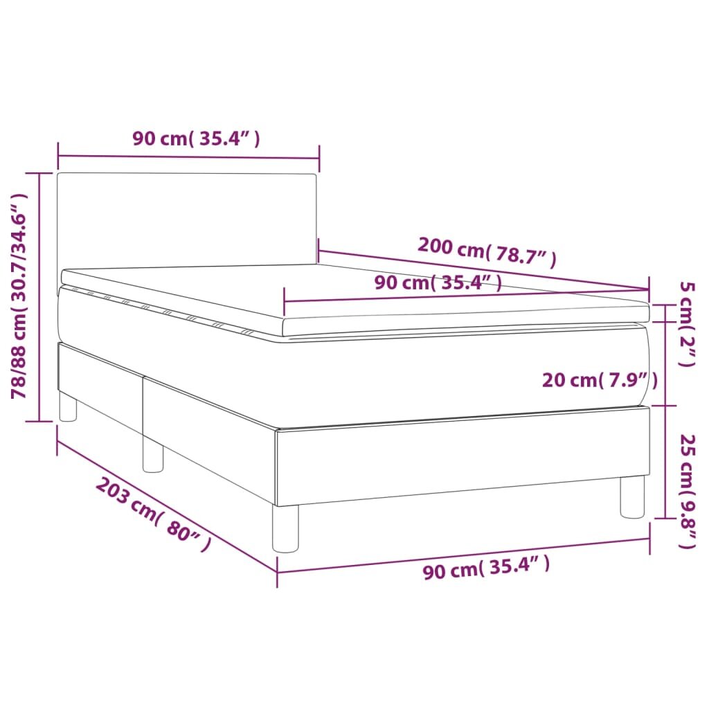 vidaXL Lova su spyruoklėmis/čiužiniu/LED, pilka, 90x200cm, aksomas kaina ir informacija | Lovos | pigu.lt