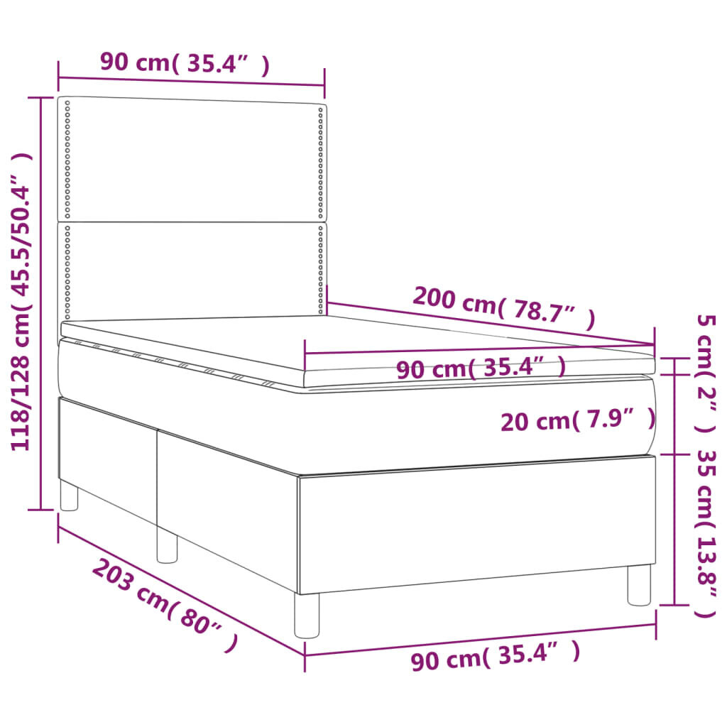 Lova su spyruoklėmis/čiužiniu/LED vidaXL, Audinys, 90x200 cm, kreminė spalva kaina ir informacija | Lovos | pigu.lt