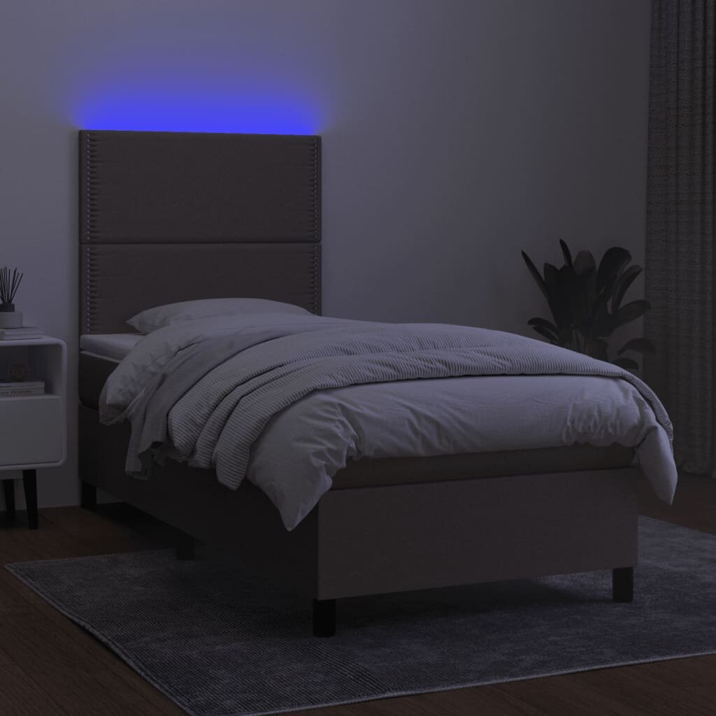 vidaXL Lova su spyruoklėmis/čiužiniu/LED, taupe, 100x200 cm, audinys kaina ir informacija | Lovos | pigu.lt