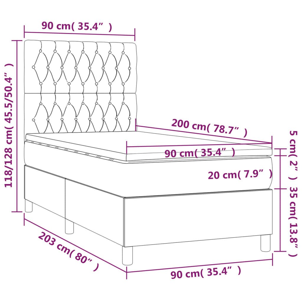 Lova su spyruoklėmis/čiužiniu/LED vidaXL, Audinys, 90x200 cm, kreminė spalva kaina ir informacija | Lovos | pigu.lt