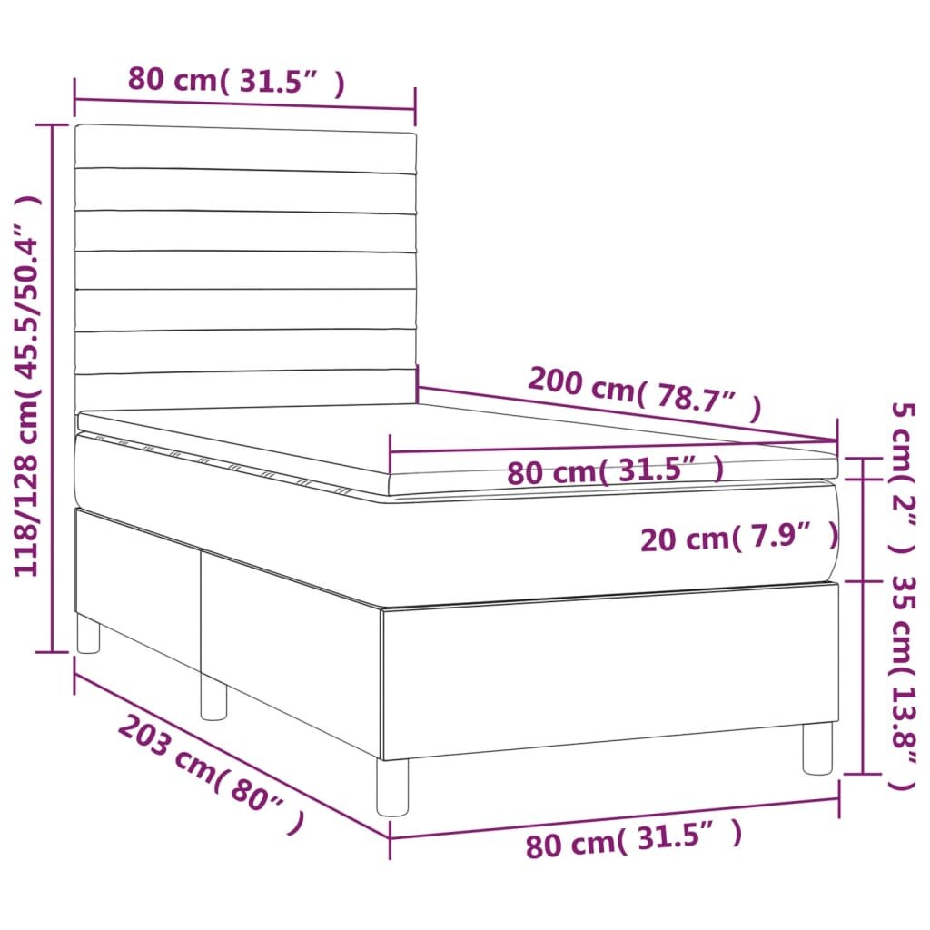 vidaXL Lova su spyruoklėmis/čiužiniu/LED, ruda, 80x200cm, audinys kaina ir informacija | Lovos | pigu.lt