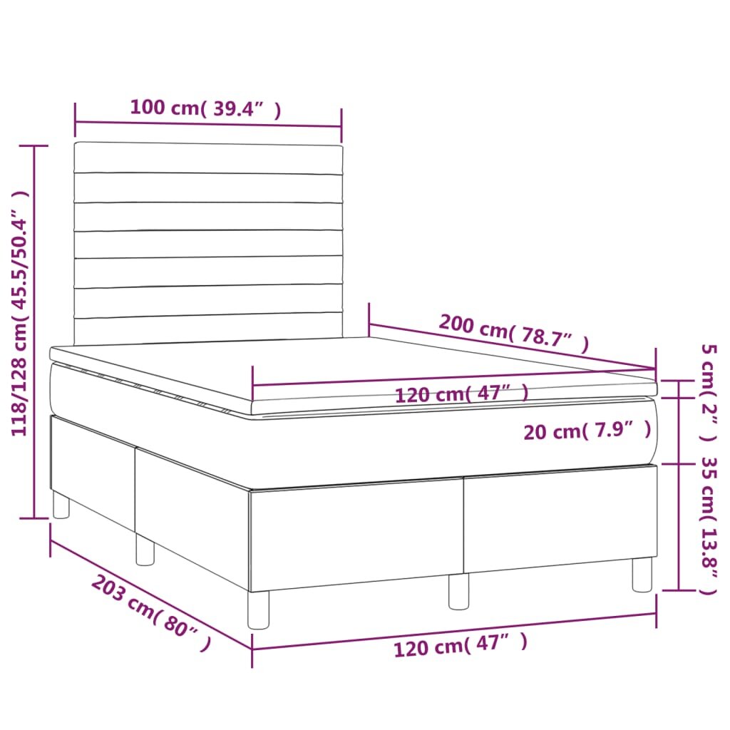 vidaXL Lova su spyruoklėmis/čiužiniu/LED, ruda, 120x200cm, audinys цена и информация | Lovos | pigu.lt