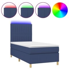vidaXL Lova su spyruoklėmis/čiužiniu/LED, mėlyna, 90x200 cm, audinys kaina ir informacija | Lovos | pigu.lt